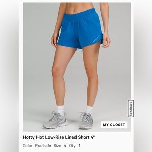 Lululemon Hotty Hot Low Rise Lined 4” Poolside, Size 4